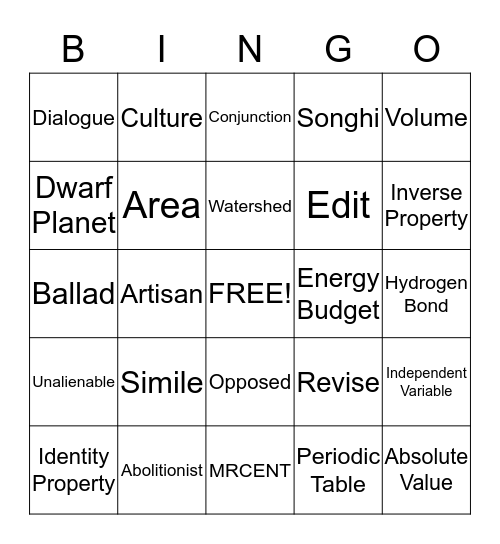 6th Grade Review Bingo Card
