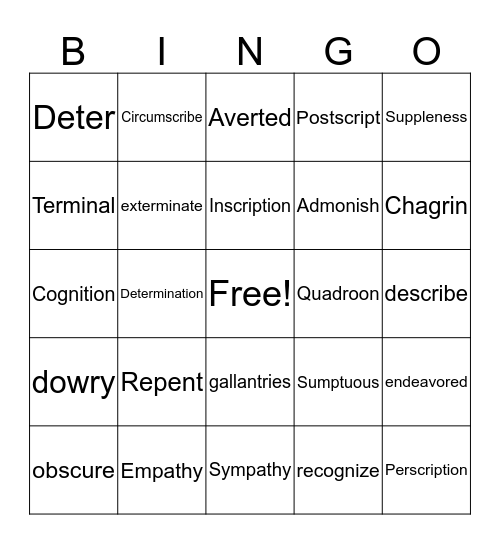 January Words Bingo Card