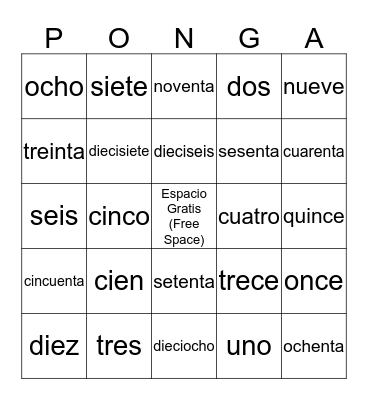 Los numeros Bingo Card