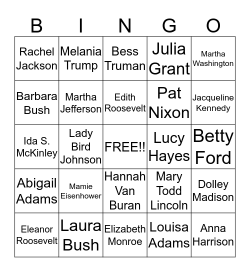 Presidents' Wives Bingo Card