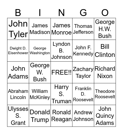 Presidents' Day Bingo Card