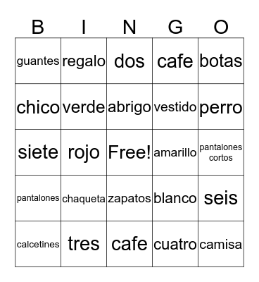 La Ropa - Los Colores - Los Numeros Bingo Card