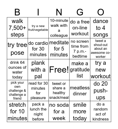 #BeWell34 - Week 2 Bingo Card