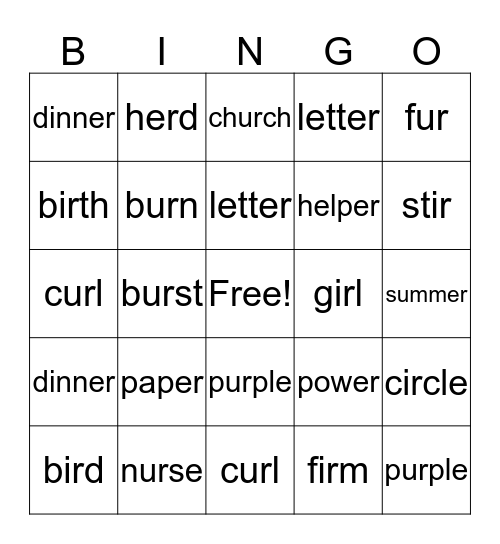 -Er, -Ir, and -Ur as /er/ Bingo Card