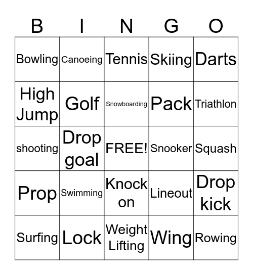 RUGBY Bingo Card