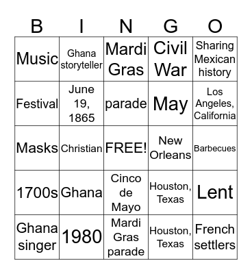 Cultural Celebrations Bingo Card