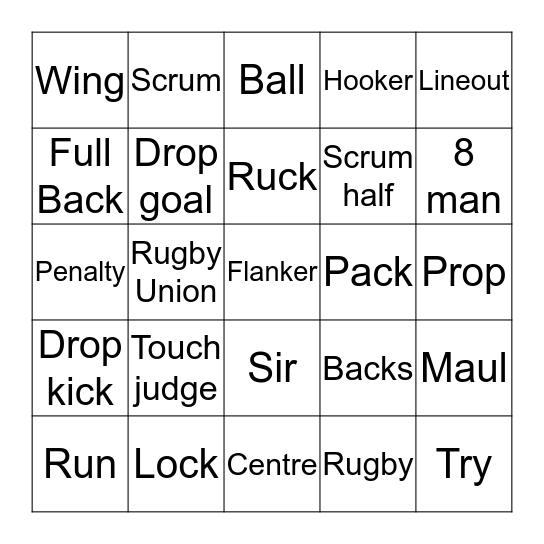 Rugby Bingo Card