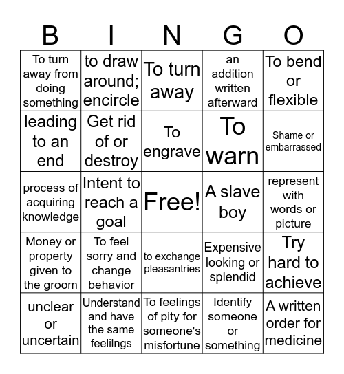 January Words Bingo Card