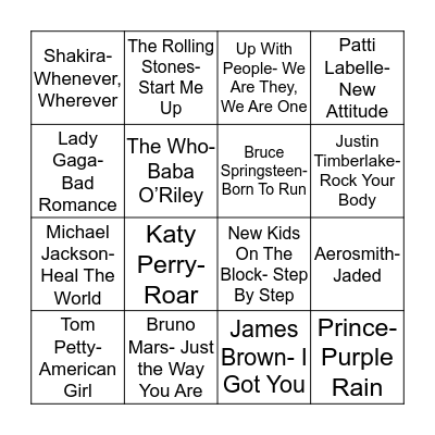 Total-Quiz.com Presents Radio Bingo: Super Bowl Halftime Edition Bingo Card
