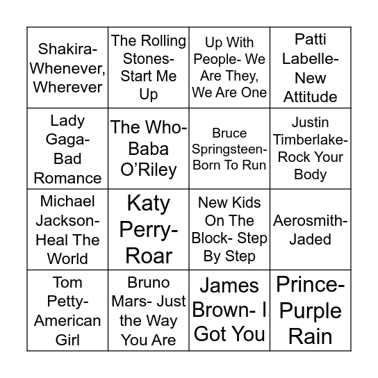 Total-Quiz.com Presents Radio Bingo: Super Bowl Halftime Edition Bingo Card