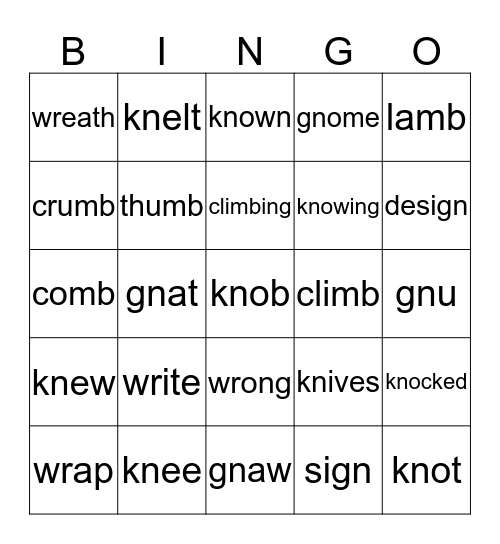 Silent Letters Bingo Card