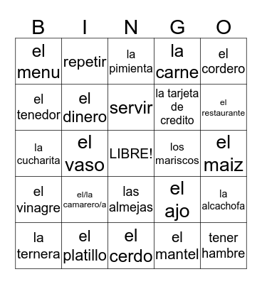 Buen Viaje 2, En el restaurante, Capitulo 2 Bingo Card