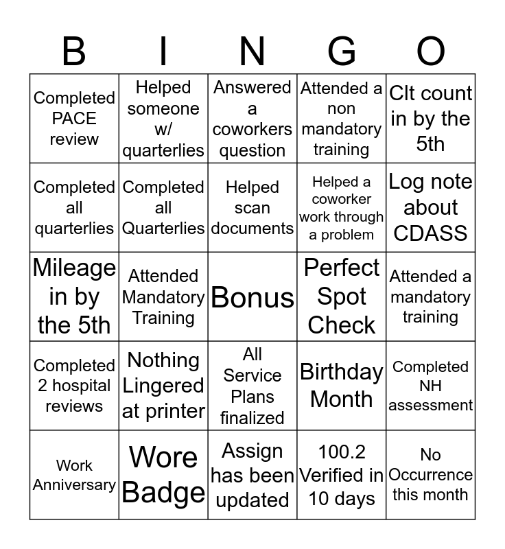 Case Manager Bingo Card