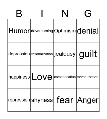 Feelings/ Defense Mechanisms Bingo Card