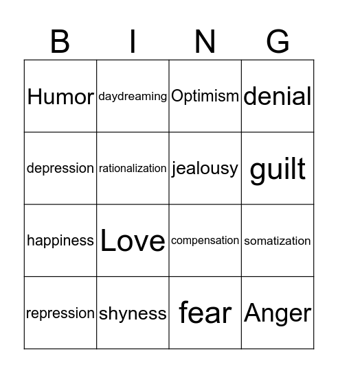 Feelings/ Defense Mechanisms Bingo Card