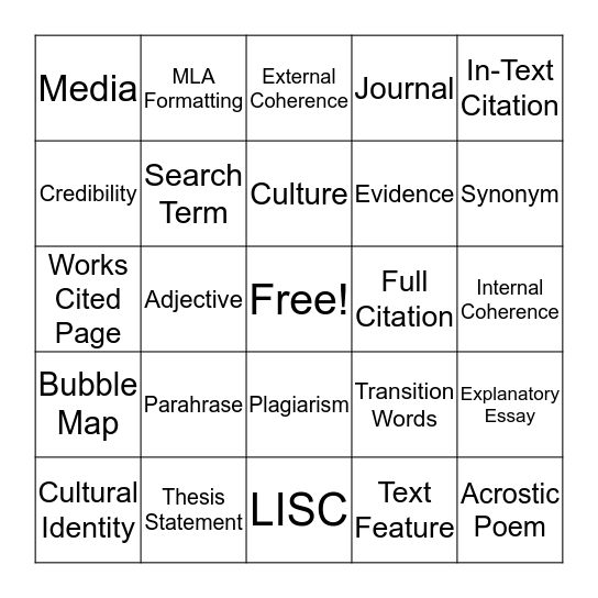 Unit 3 Vocab Bingo Card