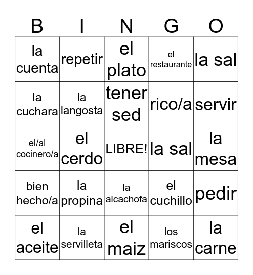 Buen Viaje 2, En el restaurante, Capitulo 2 Bingo Card