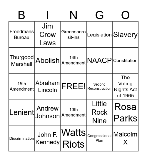 Reconstruction Bingo Card