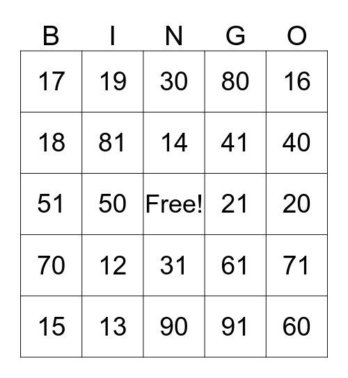 NUMBER BINGO Card