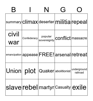 American Civil War Bingo Card