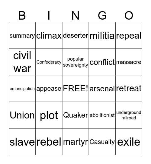 American Civil War Bingo Card