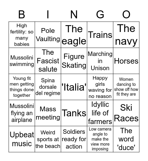 Italian Fascist Propaganda  'Giovinezza' Bingo Card