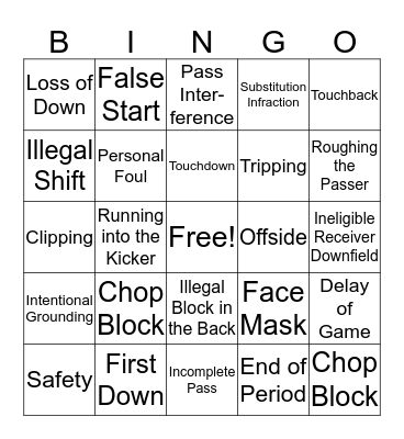 Football Signal Bingo Card