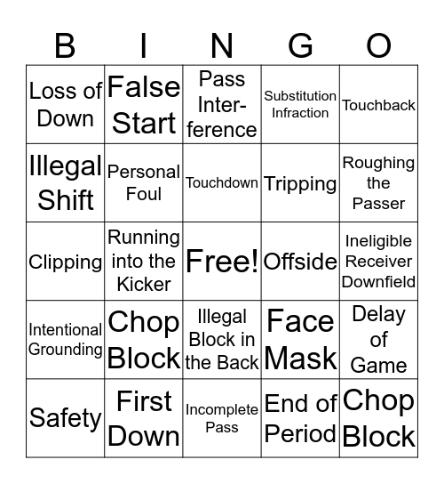 Football Signal Bingo Card