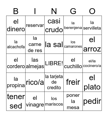 Buen Viaje 2, En el restaurante, Capitulo 2 Bingo Card