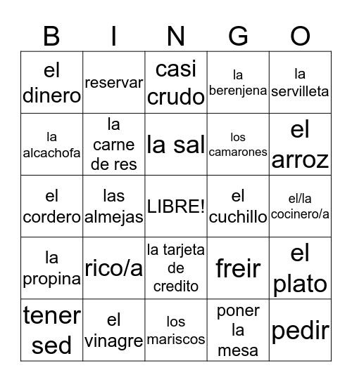 Buen Viaje 2, En el restaurante, Capitulo 2 Bingo Card