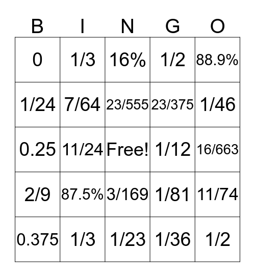 Probability  Bingo Card