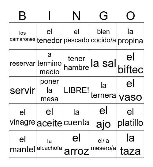 Buen Viaje 2, En el restaurante, Capitulo 2 Bingo Card