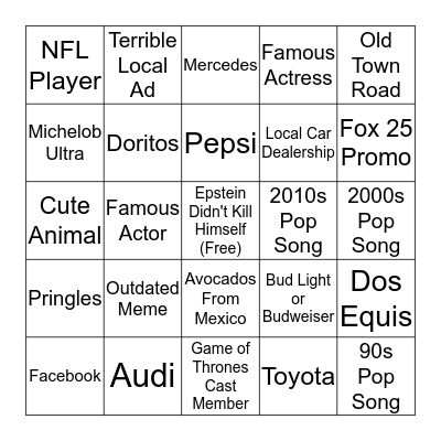 Super Bowl Commercial Bingo Card