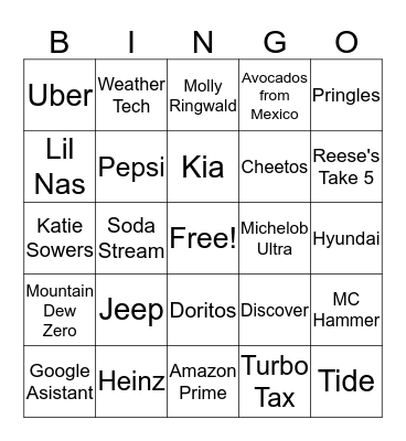 Superbowl Commercial BINGO Card