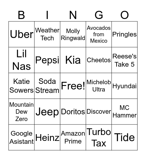 Superbowl Commercial BINGO Card