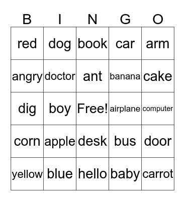 WORDS A TO D Bingo Card