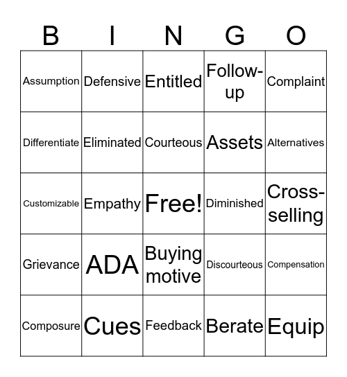 Customer Service Bingo Card