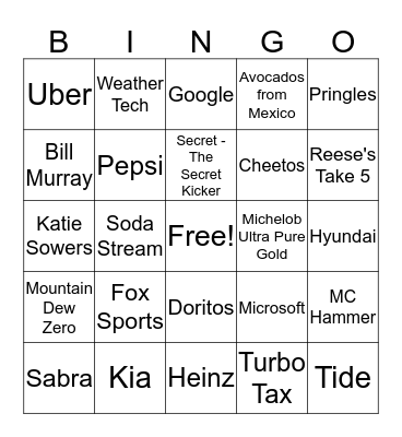 Superbowl Commercial BINGO Card