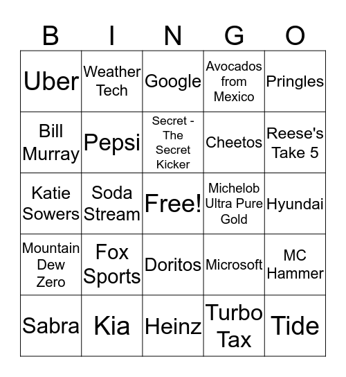 Superbowl Commercial BINGO Card