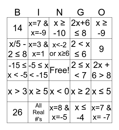 Alg. Ch 6 Review Bingo Card