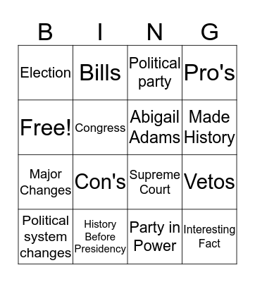 John Adams BINGO  Bingo Card