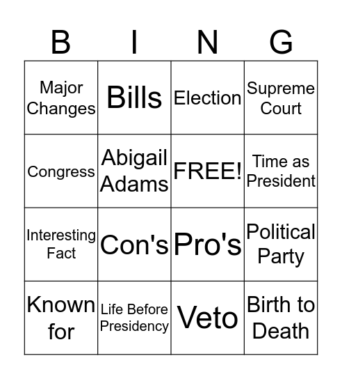 John Adams Bingo Card