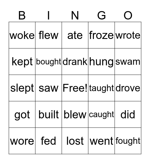 Irregular Past Tense Verbs Bingo Card
