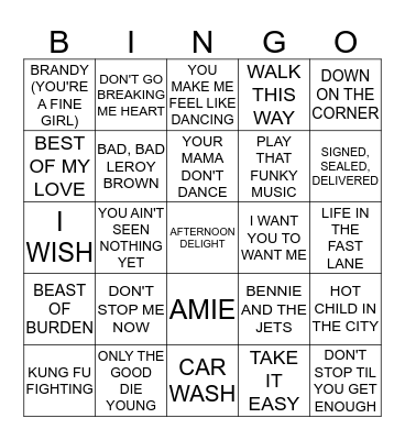70'S Bingo Card