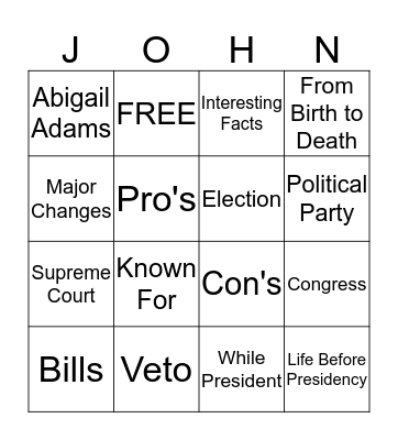 John Adams Bingo Card