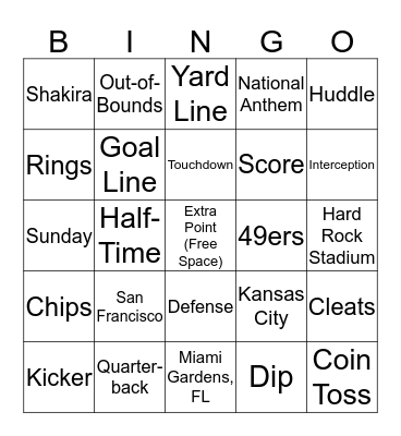 Super Bowl LIV Bingo Card