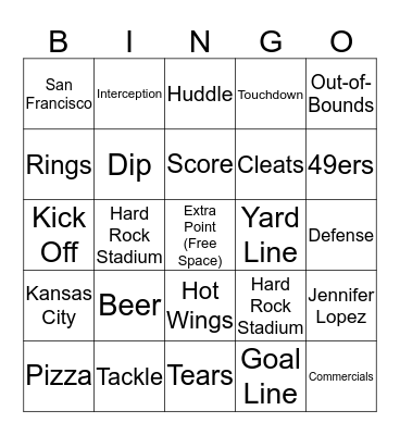 Super Bowl LIV Bingo Card