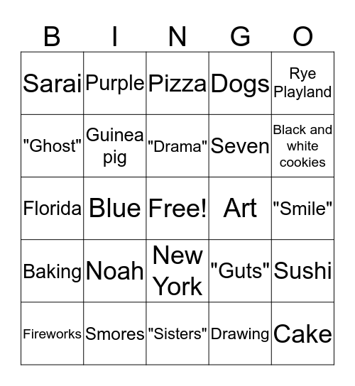 Sarai's Birthday Bingo Card