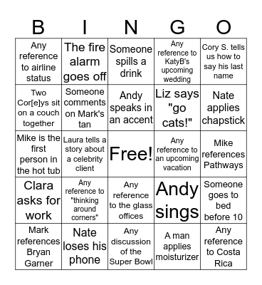 Litigation Ski Trip BINGO (Bobby) Bingo Card