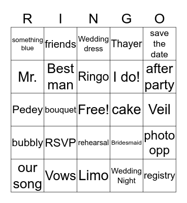 Kellie's Bridal Bingo Card